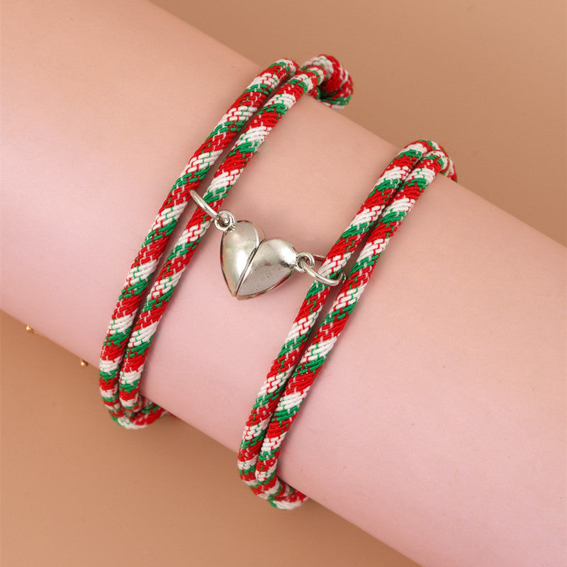 Fashion 2pcs/set Santa Claus Dangle Matching Christmas Magnet Bracelet For Couples Friendship