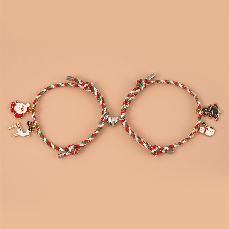 Fashion 2pcs/set Santa Claus Dangle Matching Christmas Magnet Bracelet For Couples Friendship