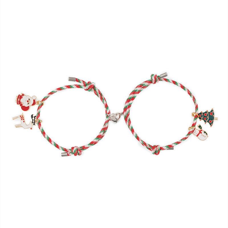 Fashion 2pcs/set Santa Claus Dangle Matching Christmas Magnet Bracelet For Couples Friendship