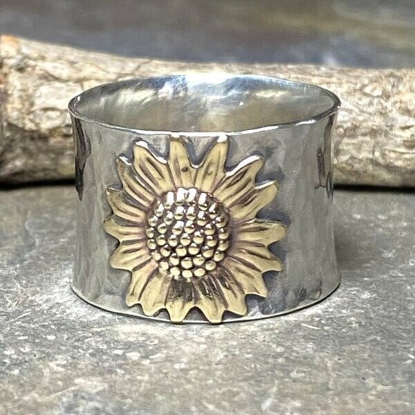 __5th Anniversary Celebration Limited Offer __Golden Sunflower Wide Band Silver Ring