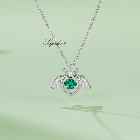 Lab Created Emerald Angel HeartStyle Sterling Silver Necklace