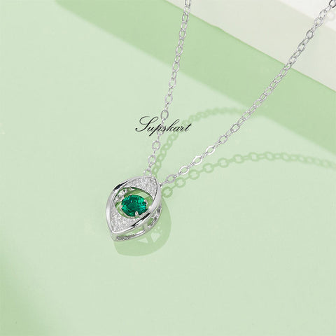 Lab Created Emerald Angel Eye Sterling Silver Necklace