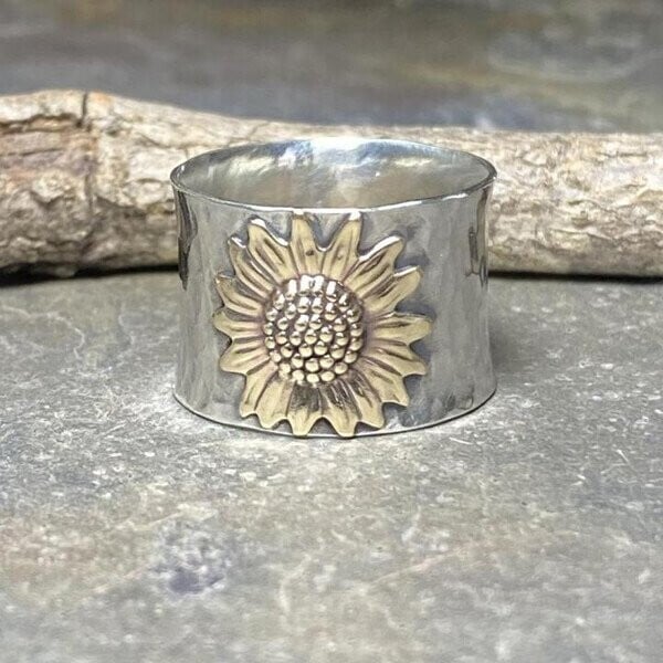 __5th Anniversary Celebration Limited Offer __Golden Sunflower Wide Band Silver Ring