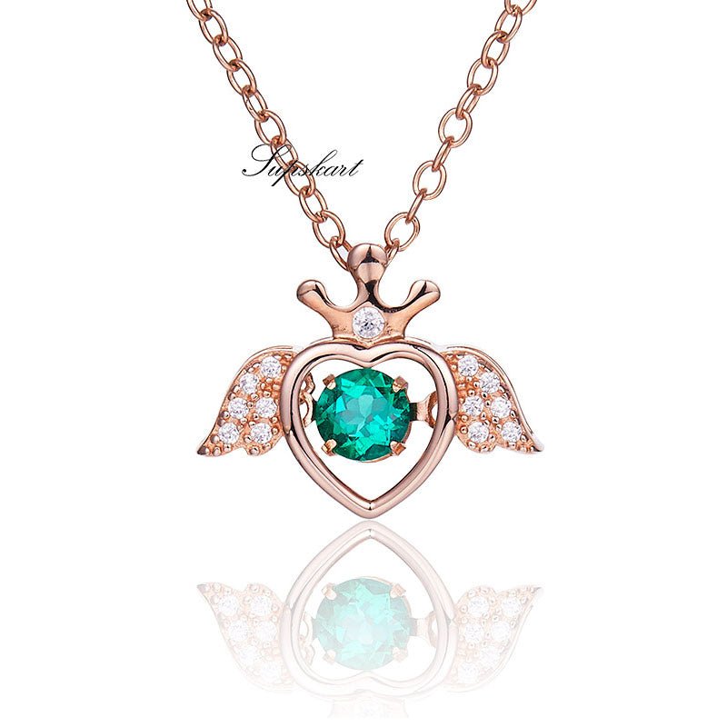 Lab Created Emerald Angel HeartStyle Sterling Silver Necklace - supskart