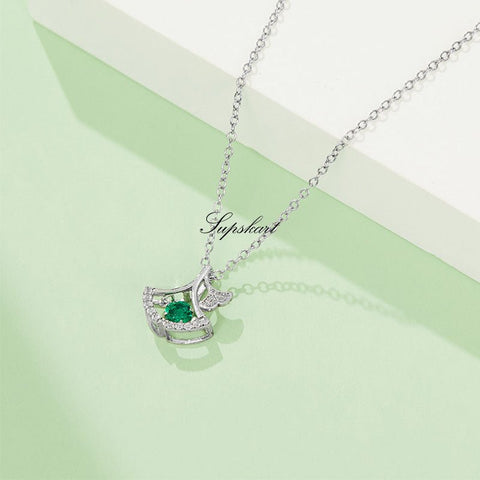 Lab Created Emerald Sector Style Sterling Silver Necklace - supskart