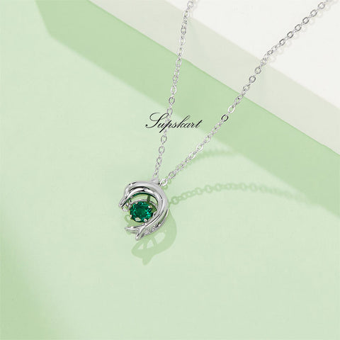 Lab Created Emerald Dolphin Sterling Silver Necklace